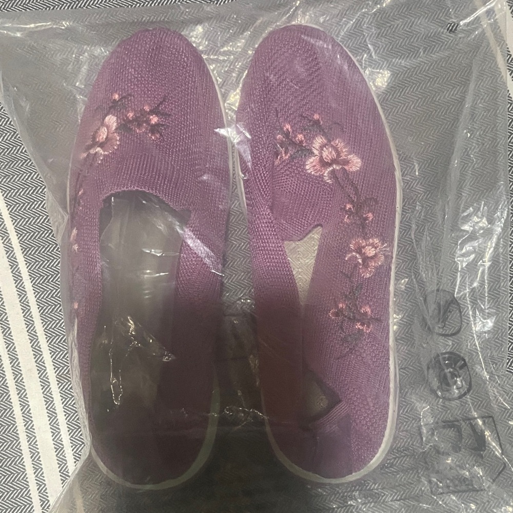 Floral Embroidered Pink/Purple Slip-On Shoes